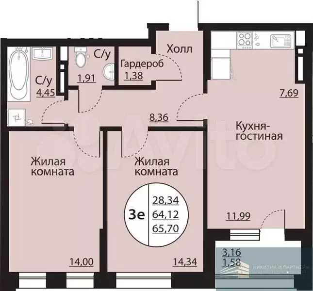 2-к. квартира, 65,7 м, 18/24 эт. - Фото 0