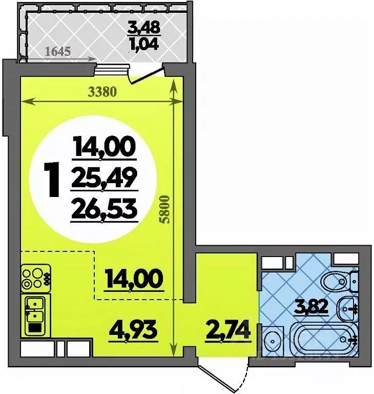 Студия Адыгея, Майкоп  (26.53 м) - Фото 1