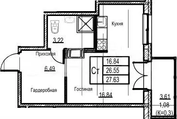 Квартира-студия, 27,2 м, 6/12 эт. - Фото 0