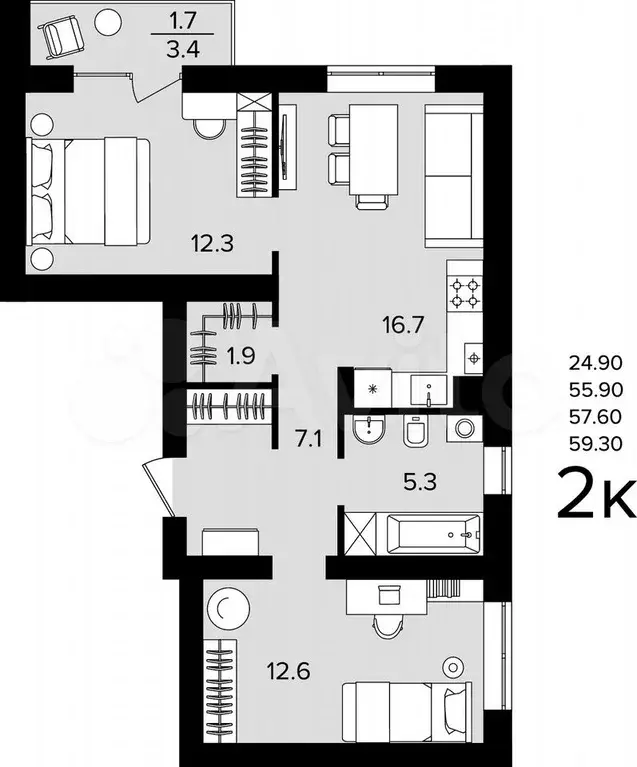 2-к. квартира, 57,6 м, 3/4 эт. - Фото 1