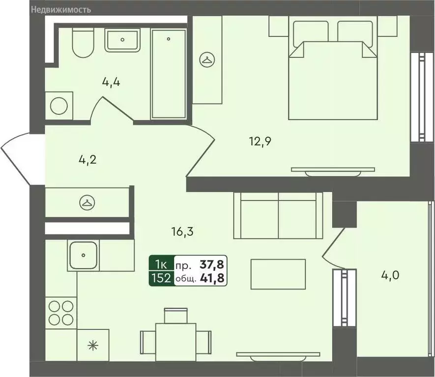 Квартира-студия: Ембаево, Бульварная улица, 1 (42 м) - Фото 1