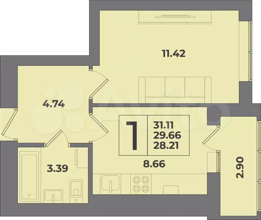 1-к. квартира, 31,1 м, 4/9 эт. - Фото 1