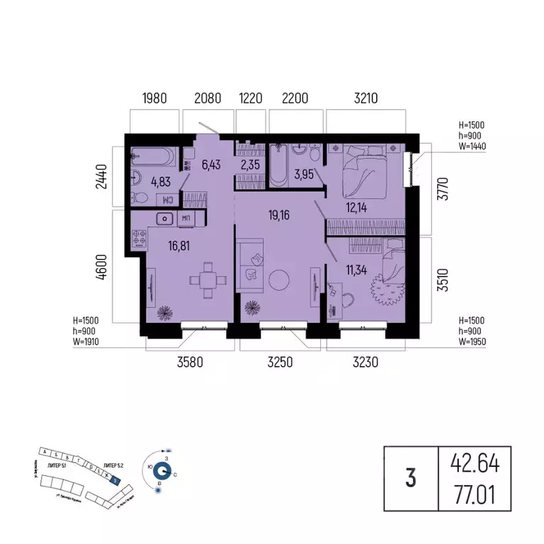 3-к кв. Башкортостан, Уфа Глумилино-1 мкр, Новатор жилой комплекс ... - Фото 1