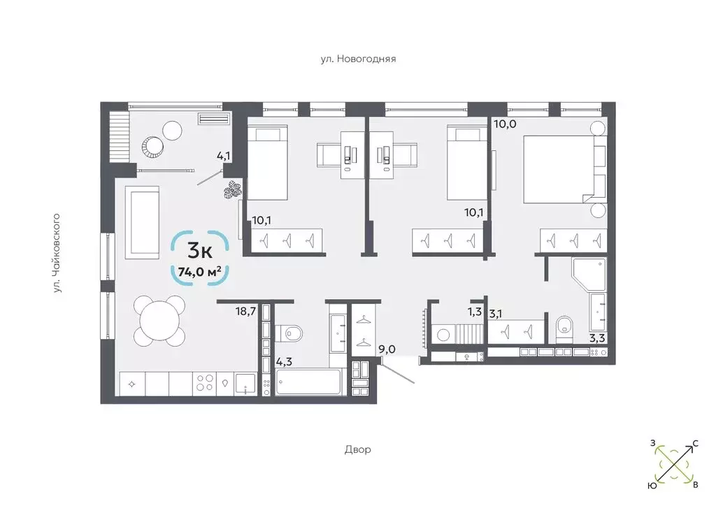 3-комнатная квартира: Тюмень, Сосьвинская улица, 33к1 (74 м) - Фото 0