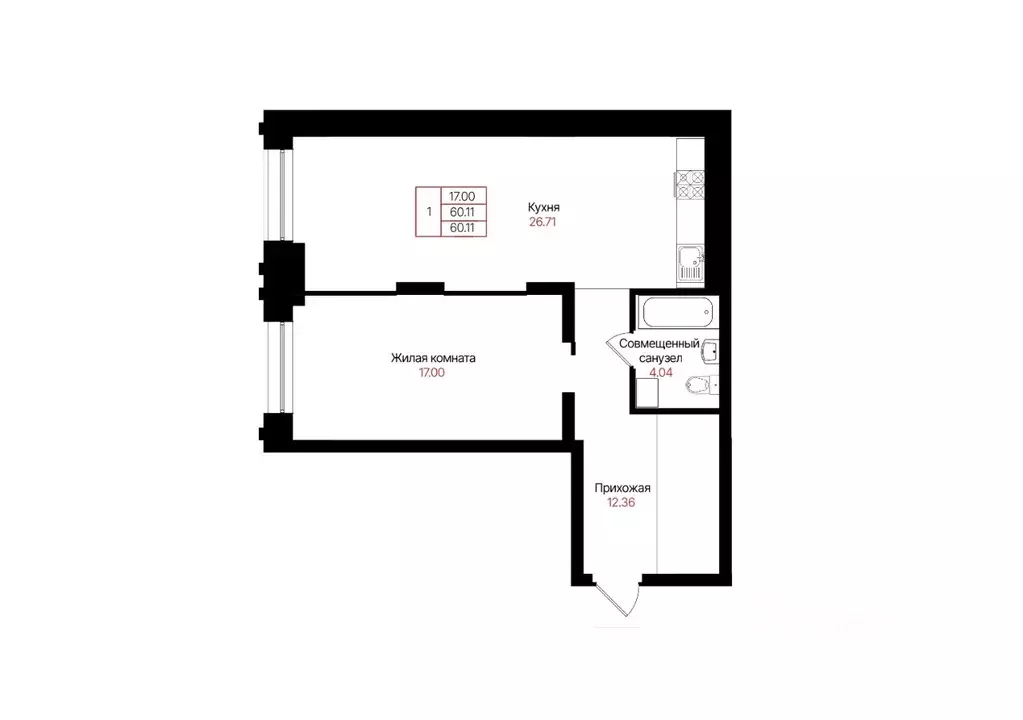 1-к кв. Татарстан, Казань  (60.11 м) - Фото 0