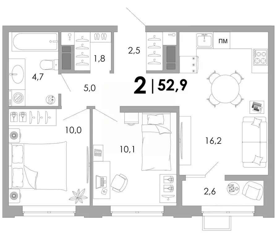 2-к кв. Владимирская область, Владимир Уно жилой комплекс (52.9 м) - Фото 0