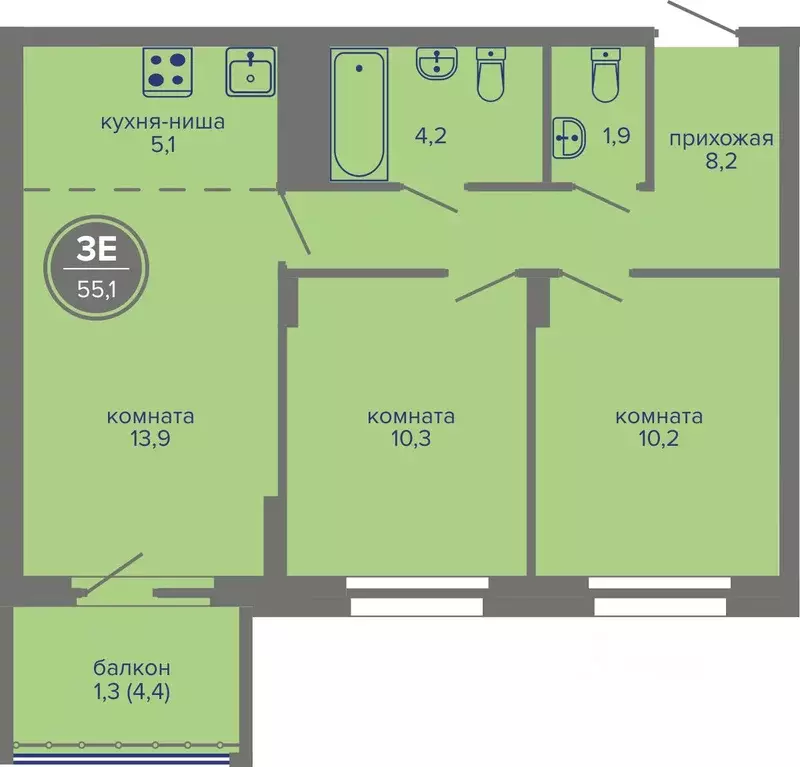 3-к кв. Пермский край, Пермь ш. Космонавтов, 309Ак1 (55.1 м) - Фото 1