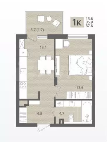 1-к. квартира, 37,6 м, 1/7 эт. - Фото 1