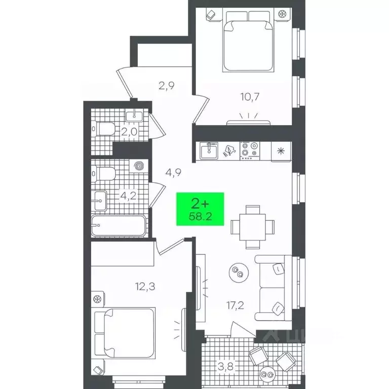 2-к кв. Тюменская область, Тюмень ул. Василия Малкова, 19 (58.29 м) - Фото 0