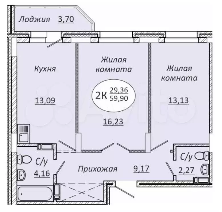 2-к. квартира, 59,8 м, 19/23 эт. - Фото 0