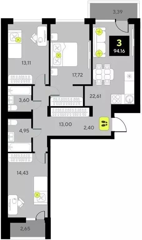 3-комнатная квартира: Тюмень, улица Разведчика Кузнецова, 7 (94.16 м) - Фото 0