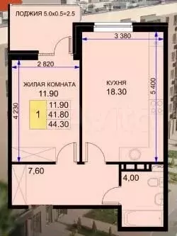 1-к. квартира, 44 м, 3/8 эт. - Фото 1