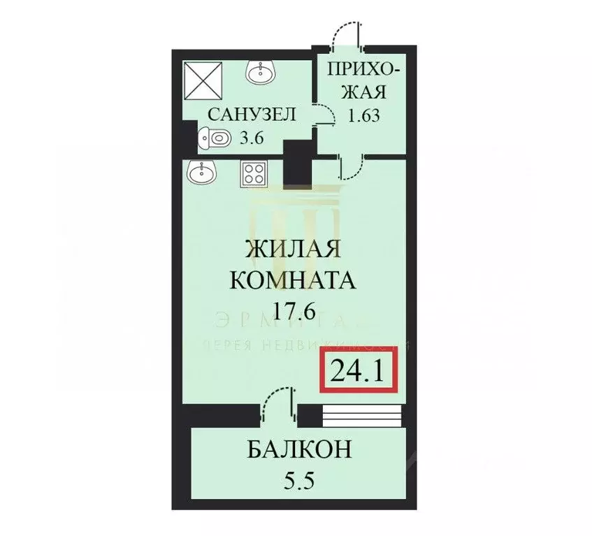 Студия Санкт-Петербург аллея Арцеуловская, 19 (24.1 м) - Фото 1