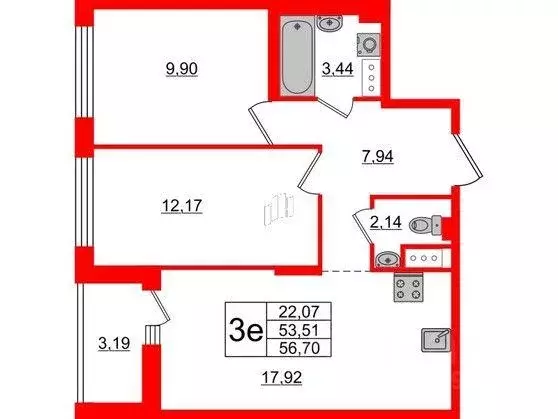 Квартира, 2 комнаты, 53.27 м - Фото 0