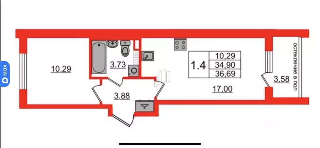 Квартира, 1 комната, 34.9 м - Фото 1