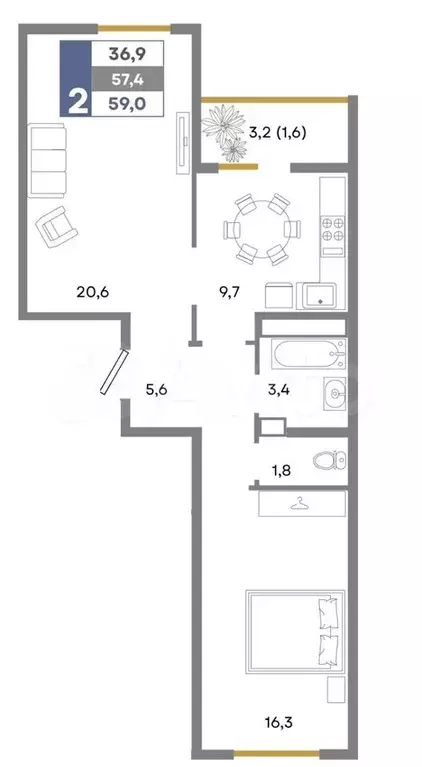 2-к. квартира, 59 м, 4/9 эт. - Фото 0