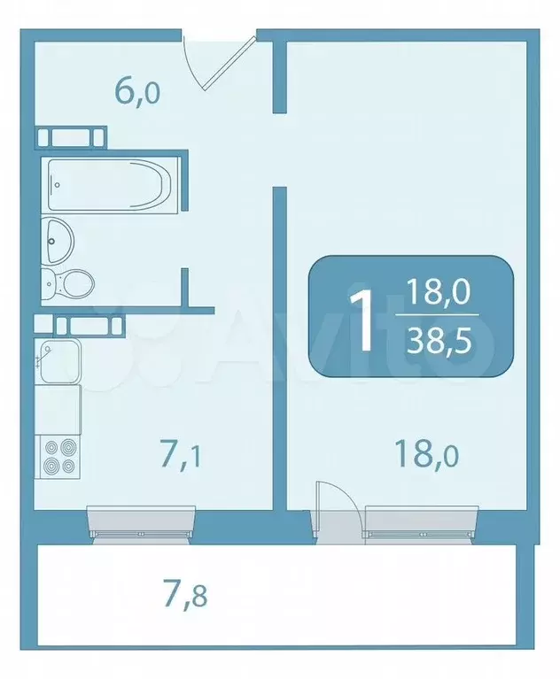 1-к. квартира, 38,6 м, 7/17 эт. - Фото 0