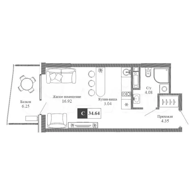 Апартаменты-студия, 34,6 м, 4/20 эт. - Фото 0