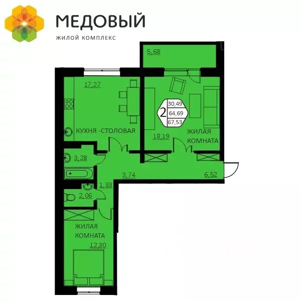 2-к кв. Пермский край, д. Кондратово ул. Г.Н. Нифантова, 4Б (67.53 м) - Фото 0