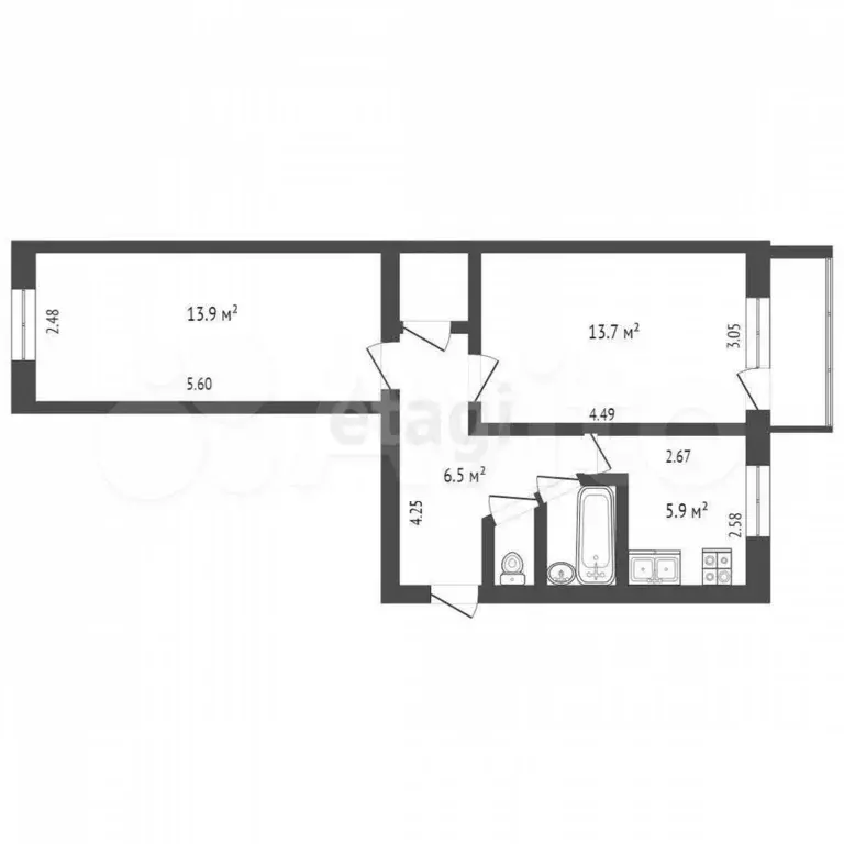 2-к. квартира, 44,6 м, 4/5 эт. - Фото 0