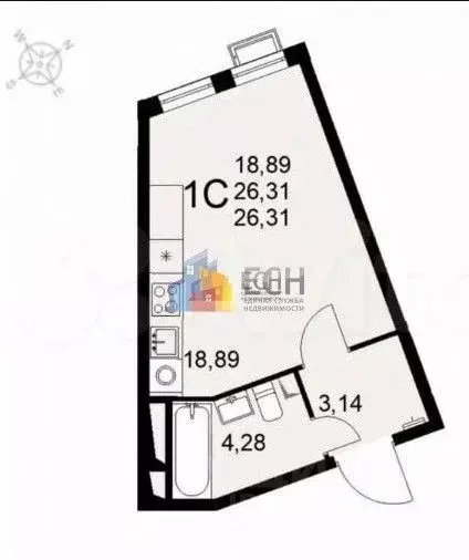 Студия Тульская область, Тула ул. Федора Смирнова, 2к1 (26.1 м) - Фото 2