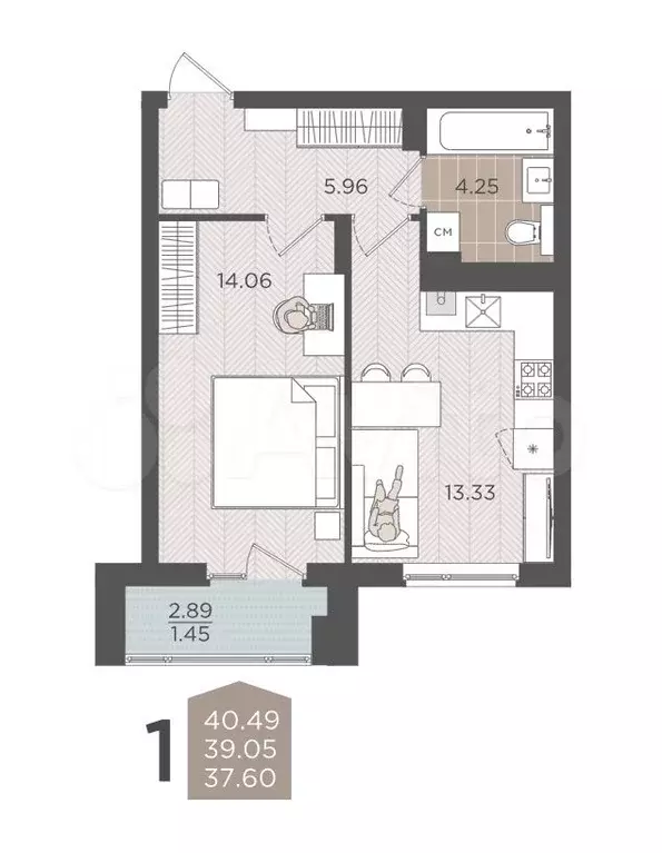 1-к. квартира, 39,1 м, 4/9 эт. - Фото 1