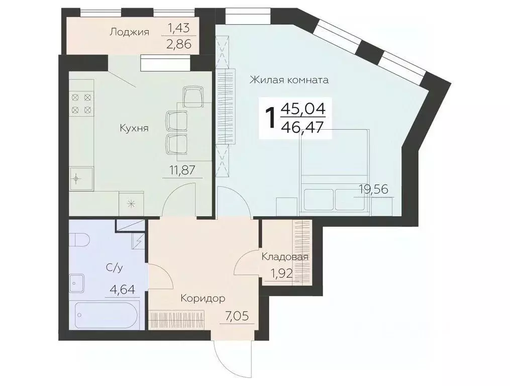 1-к кв. Воронежская область, Воронеж Ленинградская ул., 29Б (46.47 м) - Фото 0