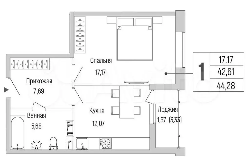 1-к. квартира, 44,3 м, 9/9 эт. - Фото 0