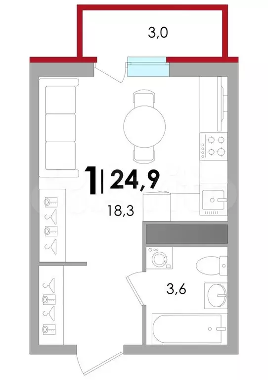 Квартира-студия, 24,9 м, 4/18 эт. - Фото 1