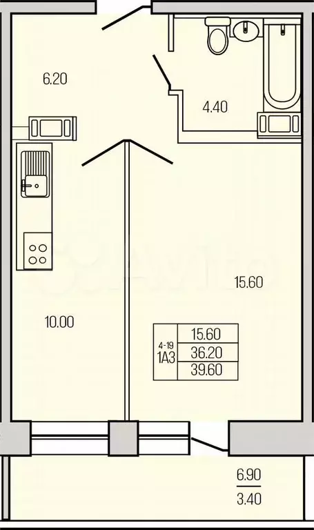 1-к. квартира, 39,6 м, 10/21 эт. - Фото 1
