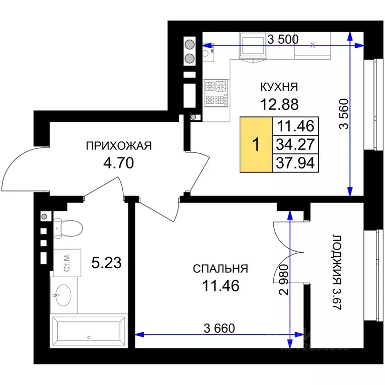 1-к кв. Калининградская область, Гурьевск Включи жилой комплекс (37.94 ... - Фото 0