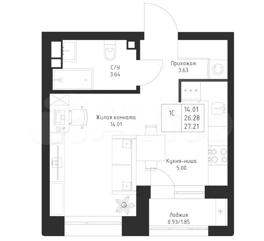 Квартира-студия, 27,2 м, 3/17 эт. - Фото 0