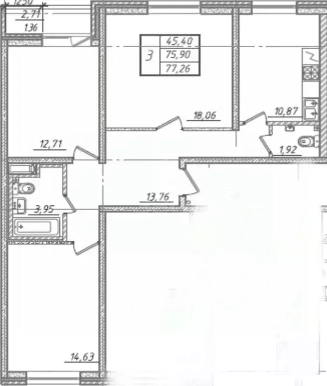 3-к кв. Санкт-Петербург Ленинский просп., 68 (75.9 м) - Фото 2