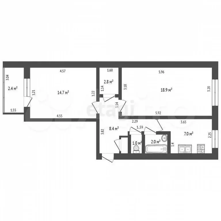 2-к. квартира, 57,7 м, 3/9 эт. - Фото 0