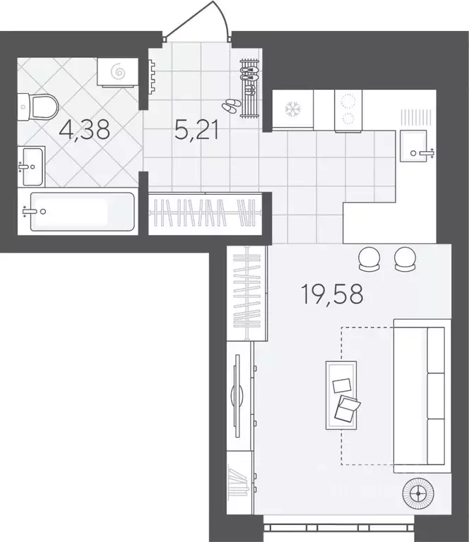 Студия Тюменская область, Тюмень ул. Вадима Бованенко, 11 (29.17 м) - Фото 1