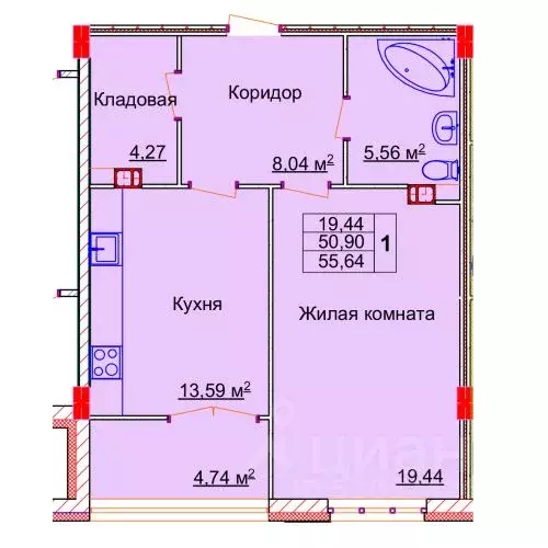 1-к кв. Ивановская область, Иваново Лежневская ул., 98 (55.64 м) - Фото 0