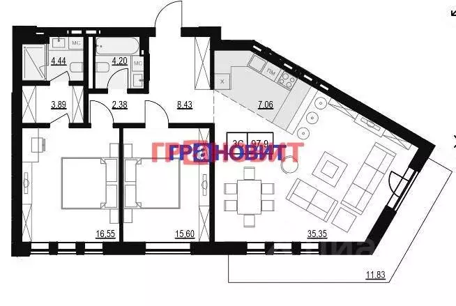 3-к кв. Новосибирская область, Новосибирск ул. Победы, 55/1 (100.5 м) - Фото 1