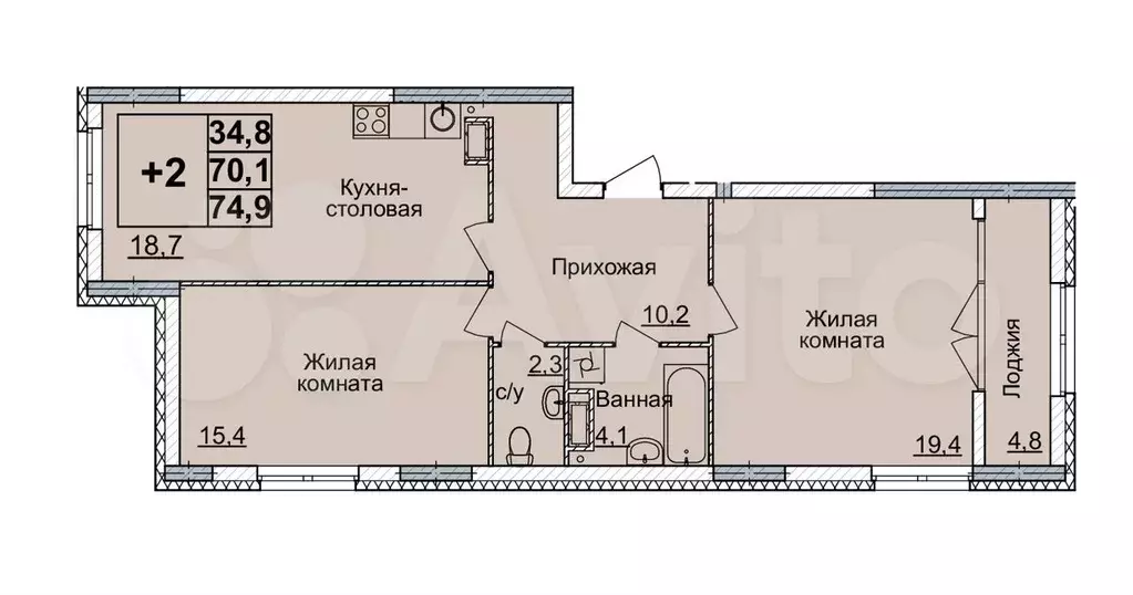 2-к. квартира, 74 м, 13/20 эт. - Фото 0