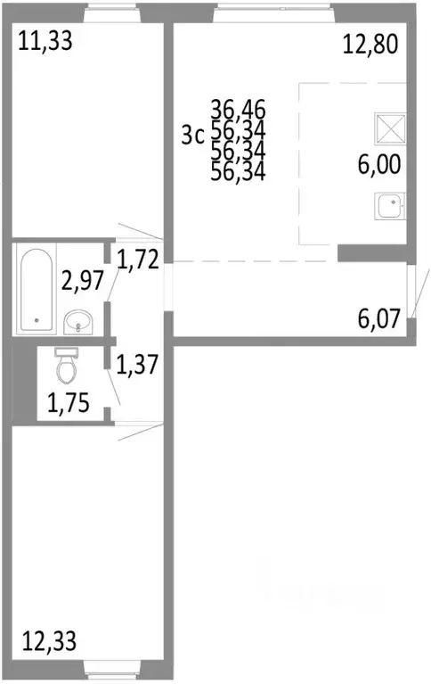 3-к кв. Челябинская область, Челябинск ул. Блюхера, 125В (56.34 м) - Фото 0