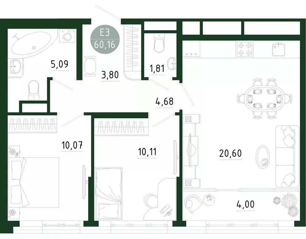 2-к кв. Тульская область, Тула Платон Парк жилой комплекс (60.16 м) - Фото 1