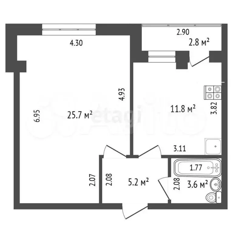 1-к. квартира, 46,3 м, 3/9 эт. - Фото 1