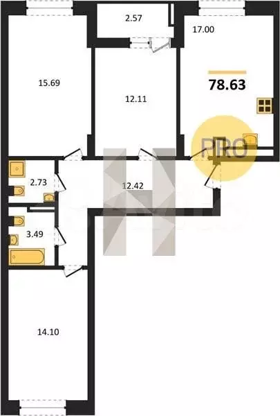 3-к. квартира, 78,6 м, 8/9 эт. - Фото 1