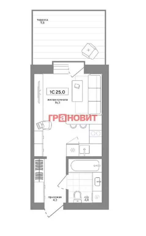 Квартира-студия: посёлок Садовый, Спортивная улица, 36/2 (25.01 м) - Фото 0