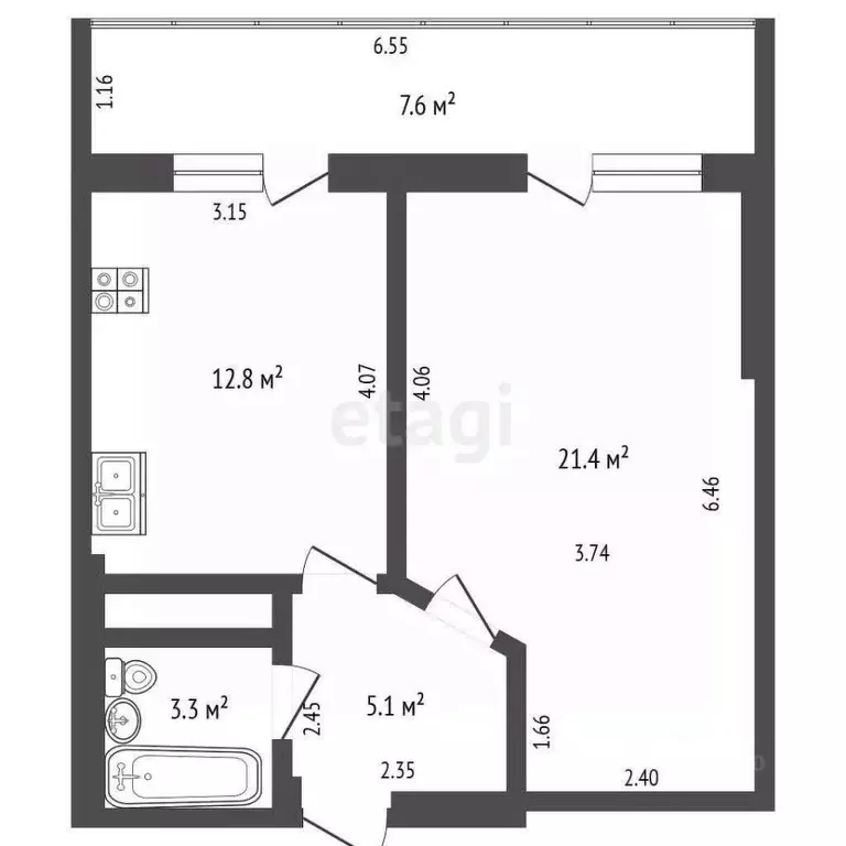 1-к кв. Тюменская область, Тюмень Заречный проезд, 43 (44.3 м) - Фото 2