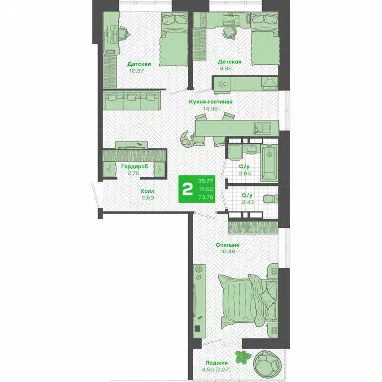 2-комнатная квартира: Владивосток, Ленинский район, ЖК Зелёный Бульвар ... - Фото 1
