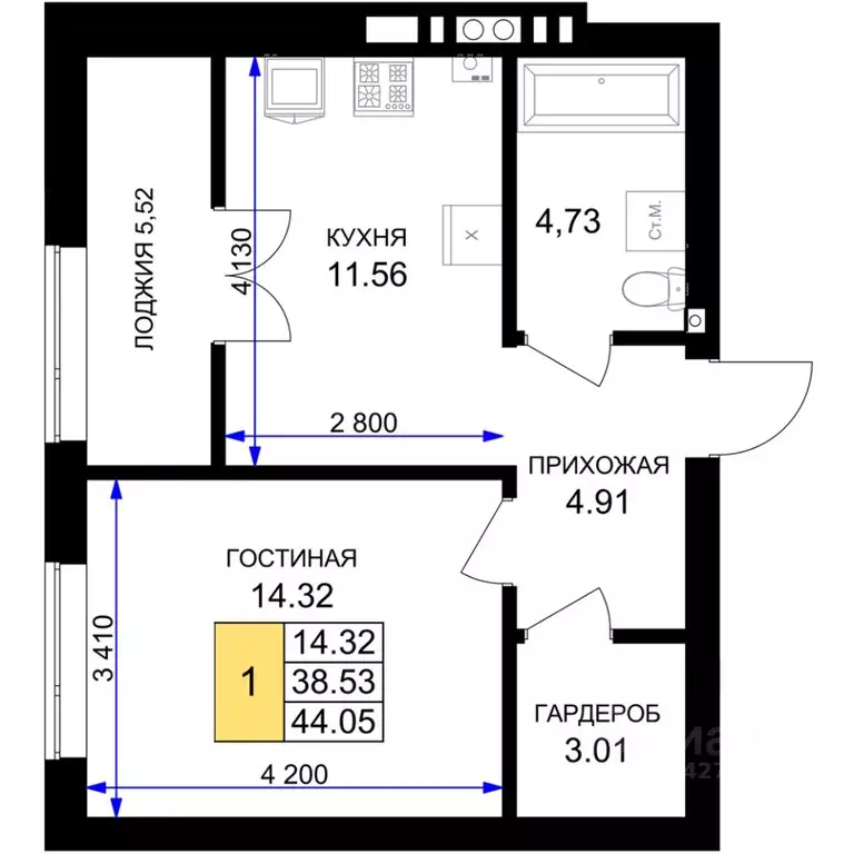 1-к кв. Калининградская область, Гурьевск Включи жилой комплекс (44.05 ... - Фото 0