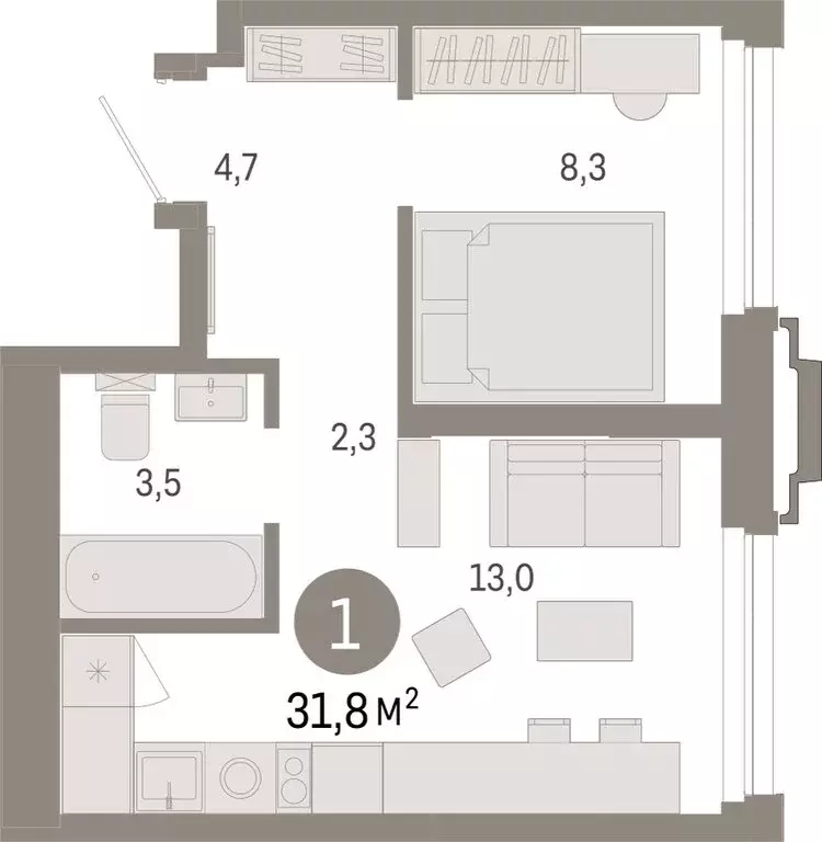 1-комнатная квартира: Тюмень, жилой комплекс Зарека (31.83 м) - Фото 1