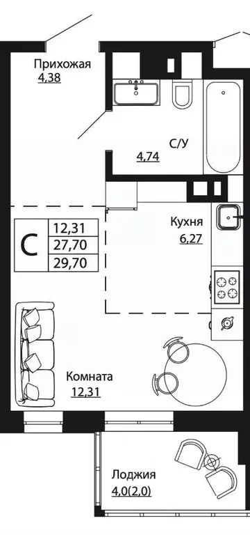 Студия Ростовская область, Ростов-на-Дону ул. Текучева, 370/2 (29.28 ... - Фото 0