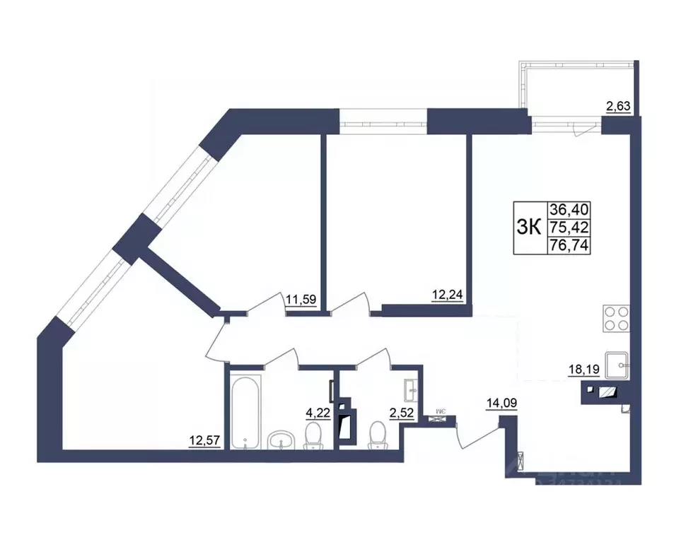 3-к кв. Башкортостан, Уфа Космос жилой комплекс, лит1 (76.47 м) - Фото 1