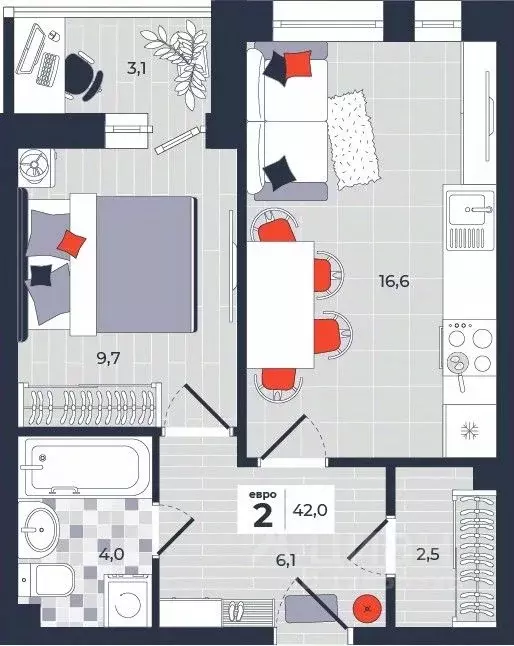 2-к кв. Тульская область, Тула ул. Академика Насоновой, 1А (42.0 м) - Фото 1